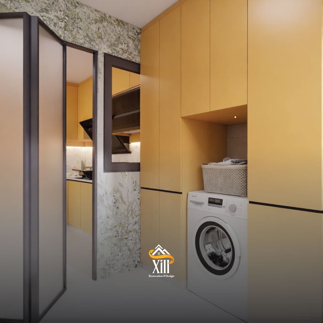 Mustard custom cabinetry with integrated washing machine