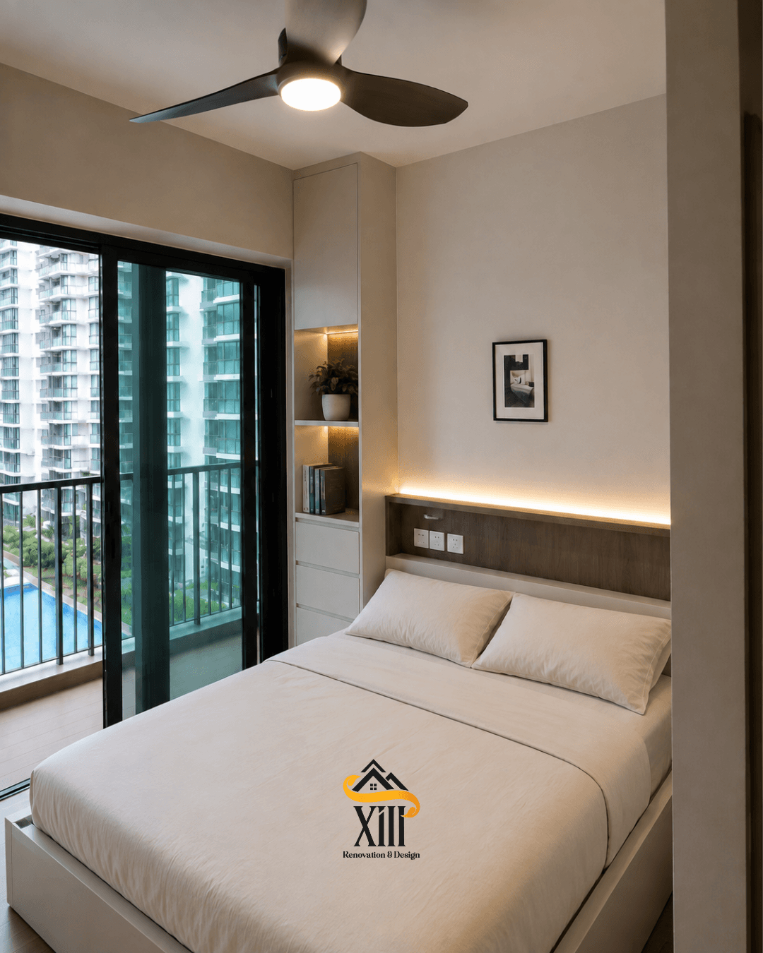 Bedroom with custom headboard lighting and built-in shelving