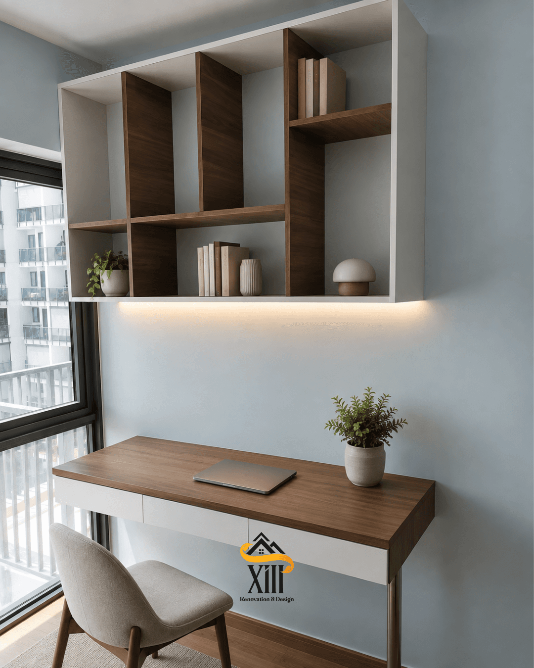 Custom study desk with asymmetrical shelving