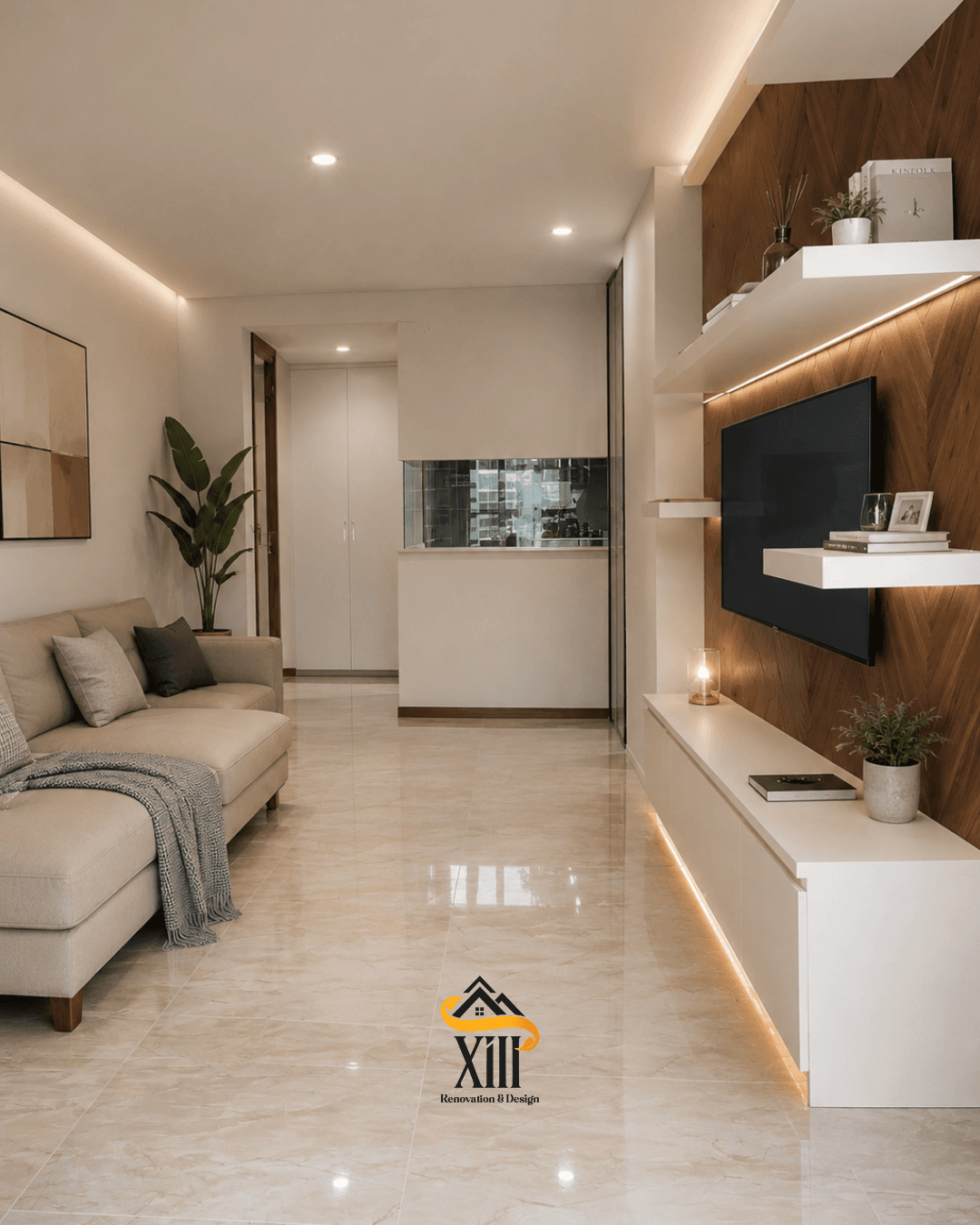 Living room with chevron media wall and seating — Singapore condo