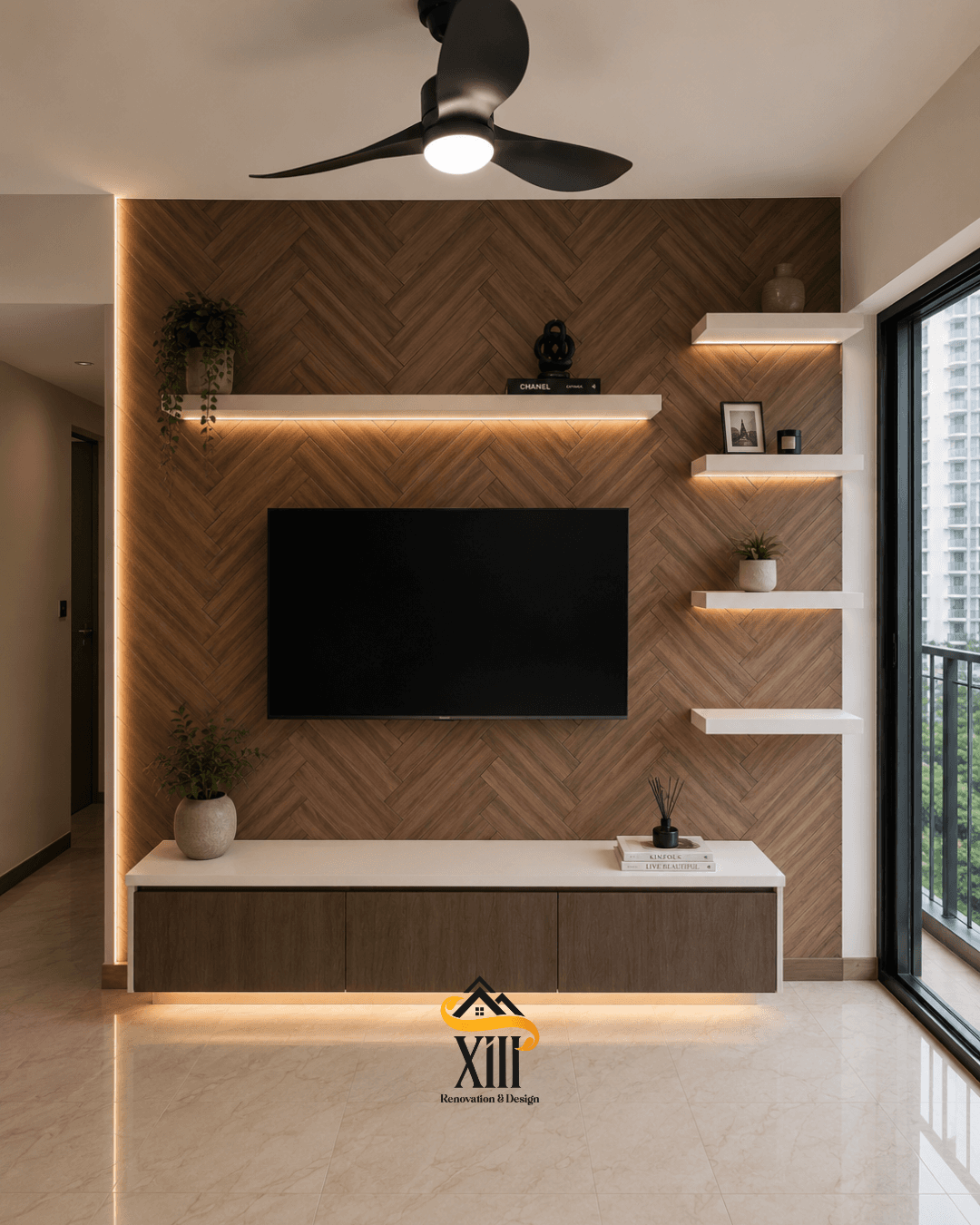 Completed living room feature wall with herringbone joinery — Singapore condominium